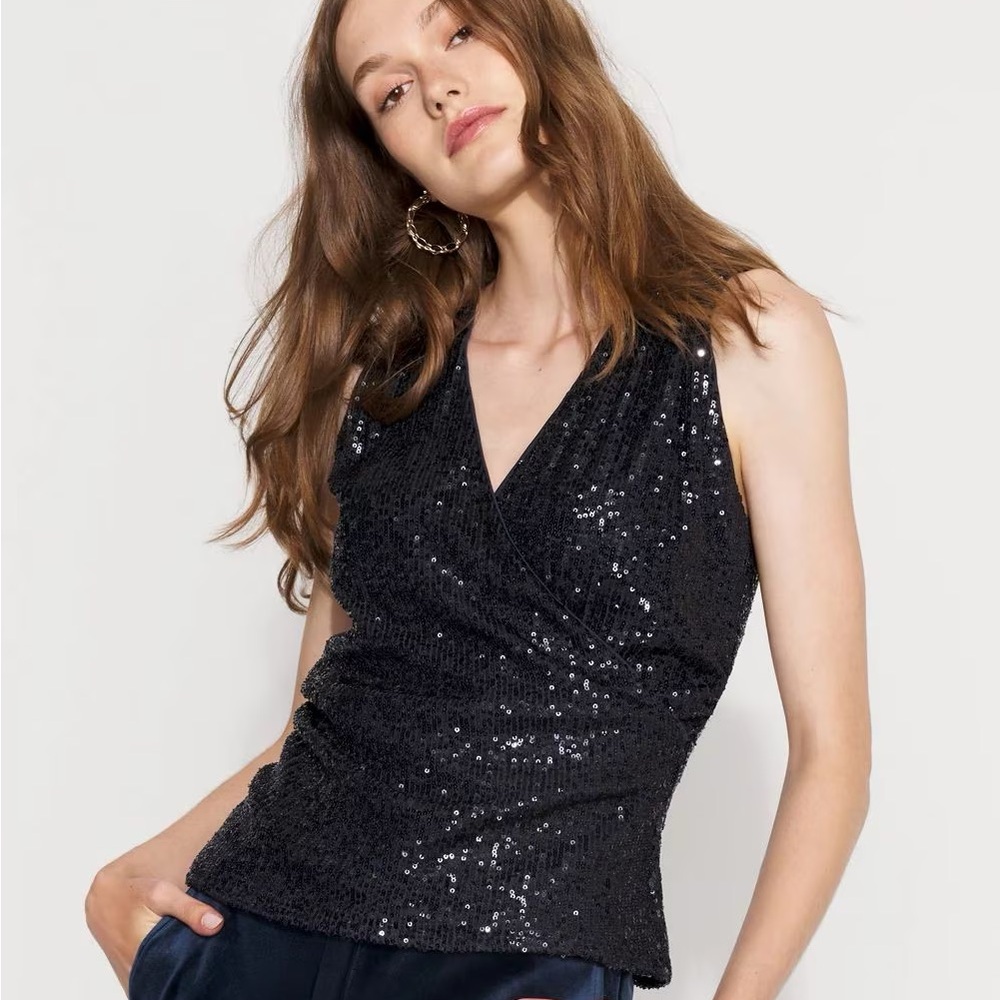 White House Black Market Sequin Surplice Sleeveless Top, NWT.